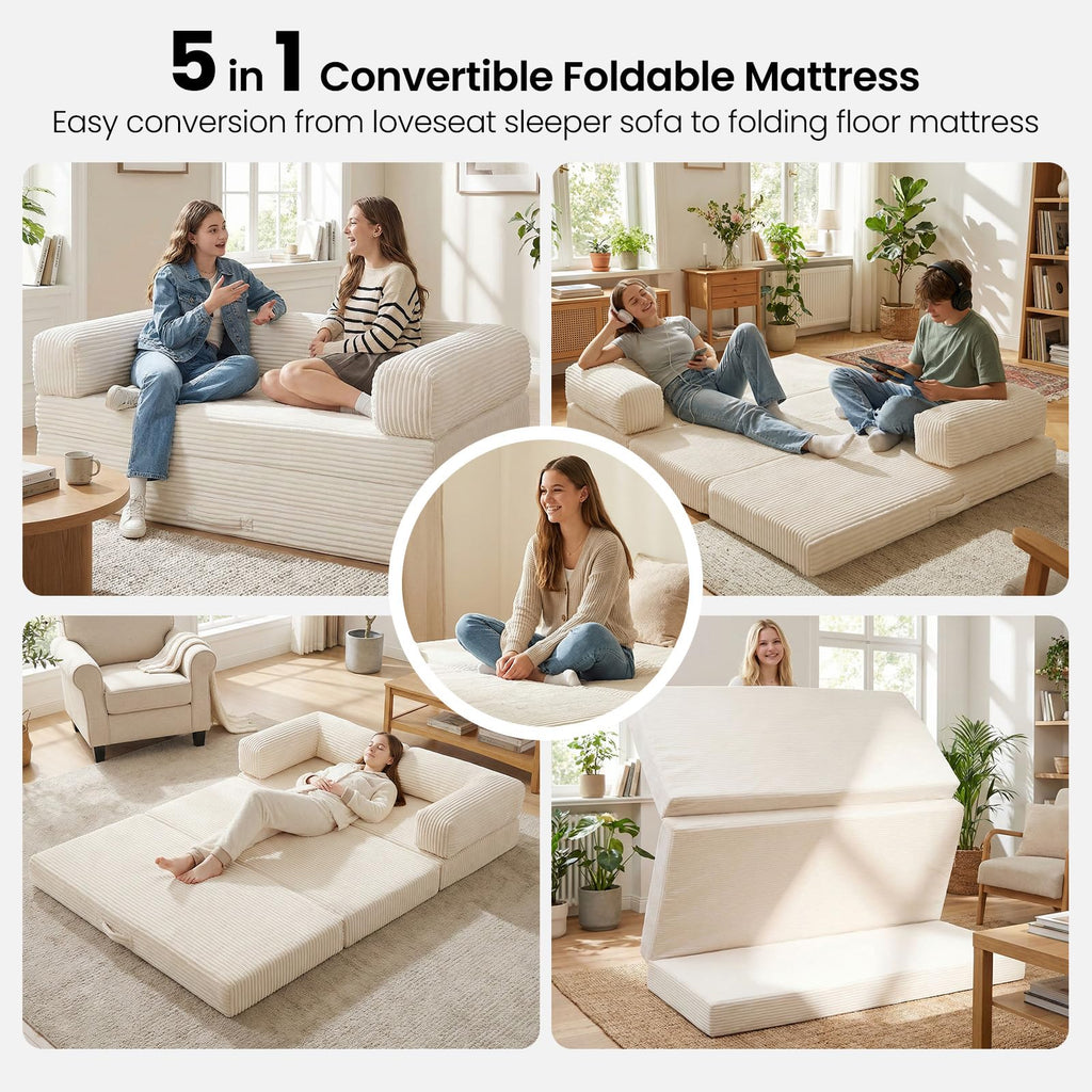 A-004,Erament Queen Tri-Fold Futon Sofa Bed, Removable Armrests & Washable Cover, High Density Foam
