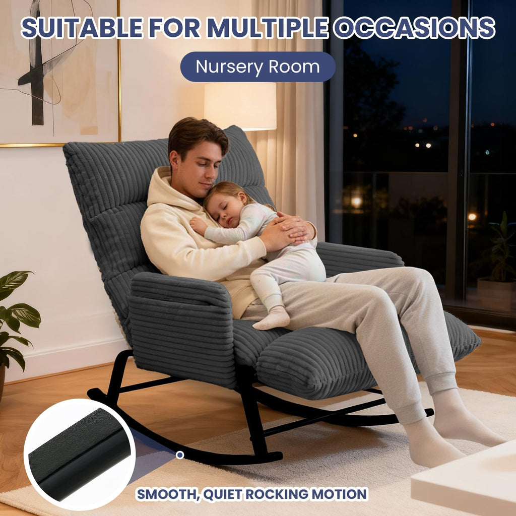 H02,Oversized Corduroy Rocking Chair, Adjustable Backrest & Footrest, Indoor Outdoor Lounge Chair