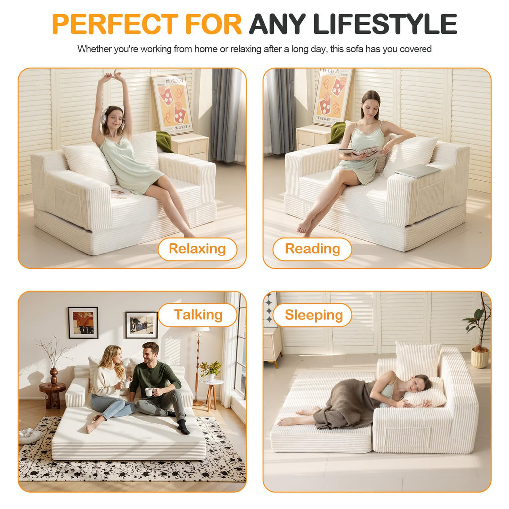 A05,Erament Convertible Corduroy Boneless Sofa Bed, Foldable Floor Futon Loveseat with 2 Pillows