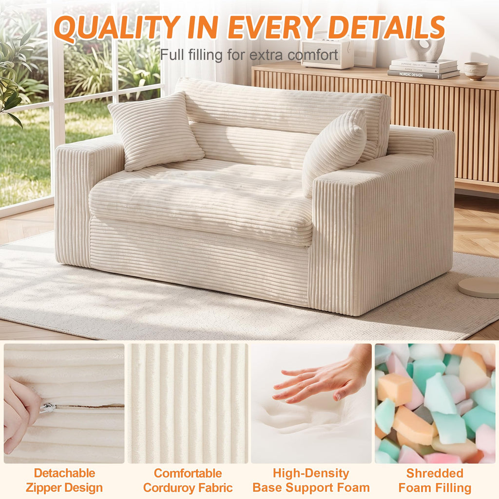 A08,2-in-1 Boneless Loveseat Sofa Bed, Fold Out Floor Couch with Pillows, Beige