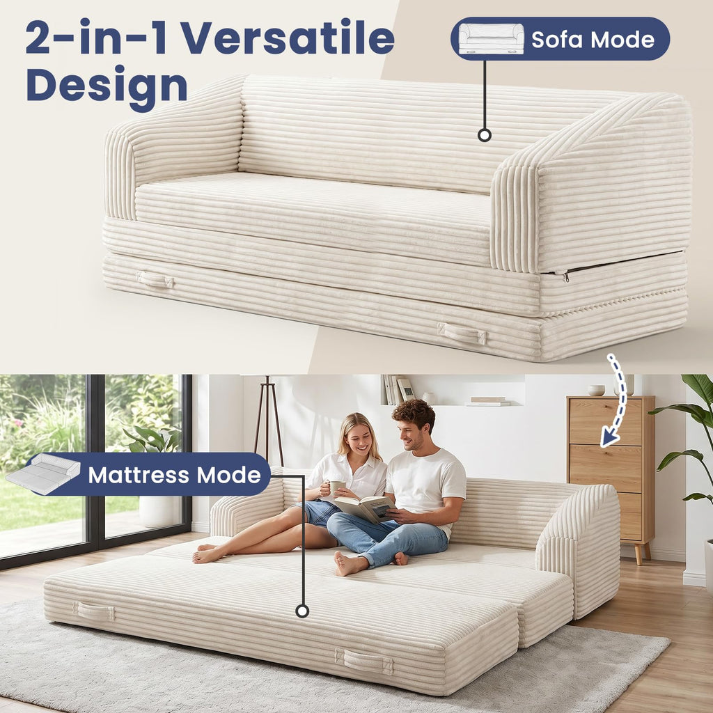 H09,70" 3-in-1 Corduroy Foldable Sofa Bed, Thick Boneless Floor Couch with Handle