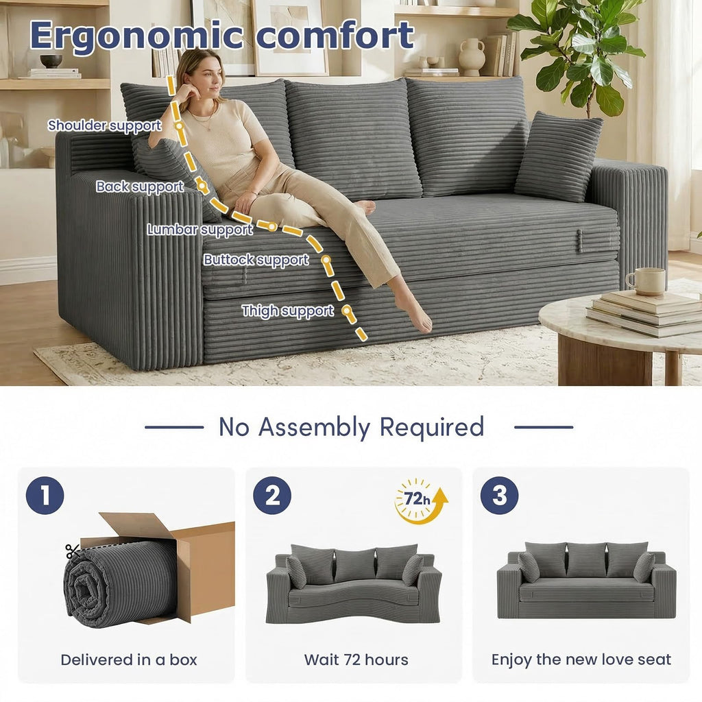 A-007,5-in-1 Convertible Corduroy Boneless Loveseat Sofa Bed with Ottoman, No Assembly