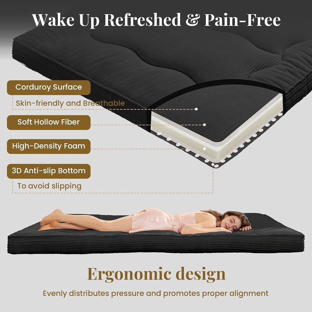A-010,Full Size 4" Japanese Corduroy Futon Mattress, Foldable Roll-Up Floor Tatami Mat, Black