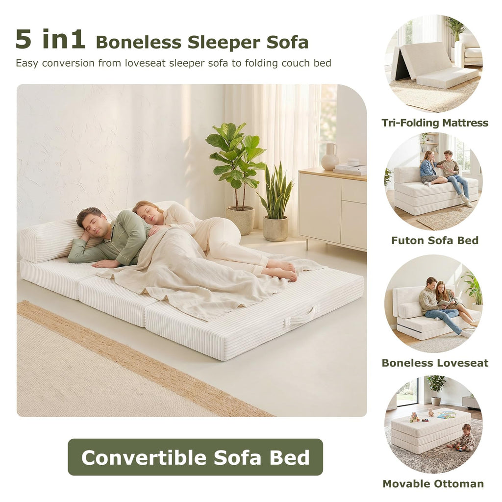 J02,5-in-1 Corduroy Convertible Sofa Bed, Full Size Boneless Loveseat with Washable Cover, Grey