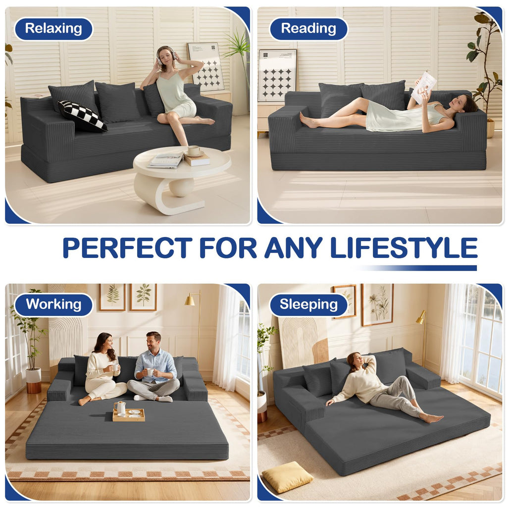 A011,2-in-1 Convertible Corduroy Boneless Sofa Bed, Compression Folding Floor Couch with 3 Pillows
