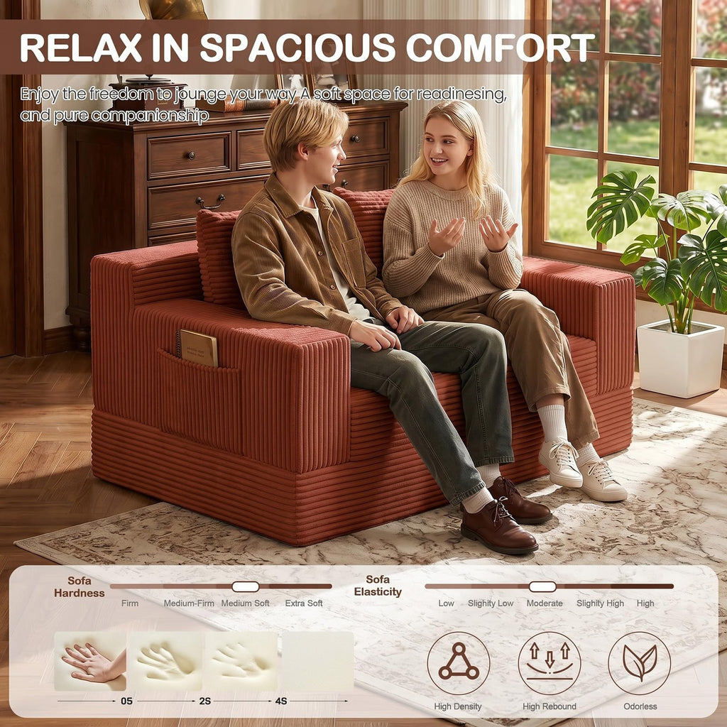 A011,2-in-1 Convertible Corduroy Boneless Sofa Bed, Compression Folding Floor Couch with 3 Pillows