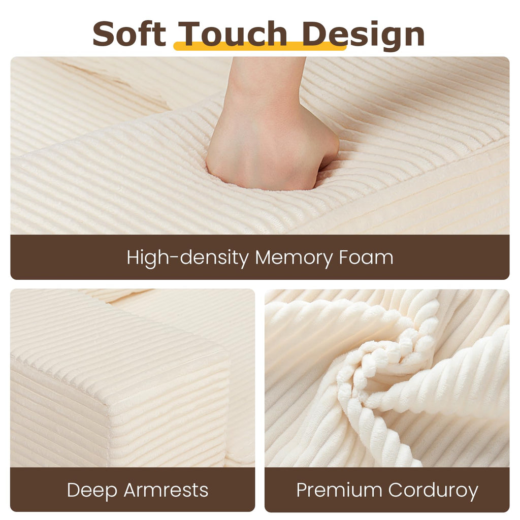 A-007,5-in-1 Convertible Corduroy Boneless Loveseat Sofa Bed with Ottoman, No Assembly