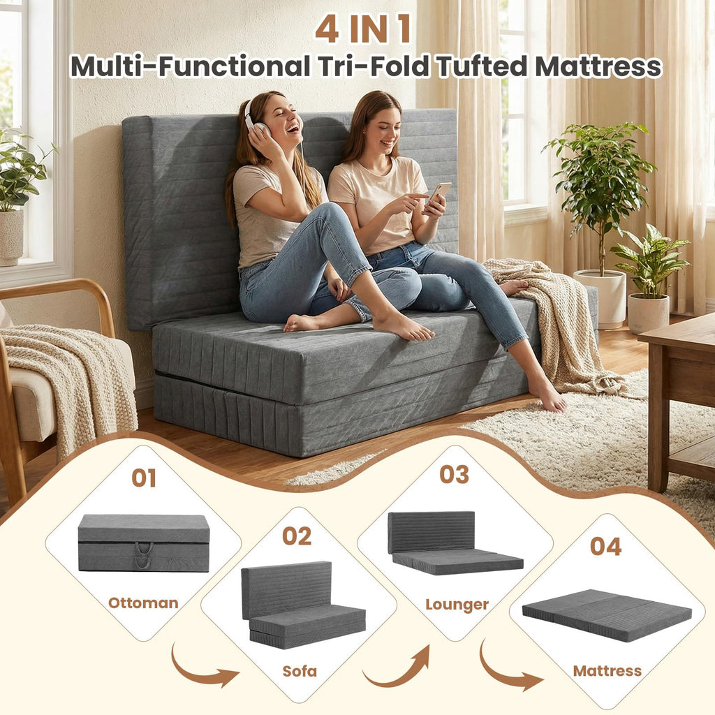 J01,Erament Twin 6" Tufted Tri-Fold Mattress, Portable Foam Floor Guest Bed, Corded Fabric