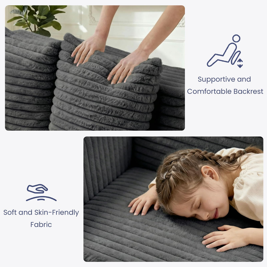 A05,3-in-1 Furry Boneless Sofa Bed, Convertible Loveseat Sleeper with Detachable Cushion & 4 Pillows, No Assembly