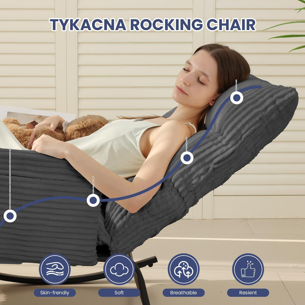 H02,Oversized Corduroy Rocking Chair, Adjustable Backrest & Footrest, Indoor Outdoor Lounge Chair