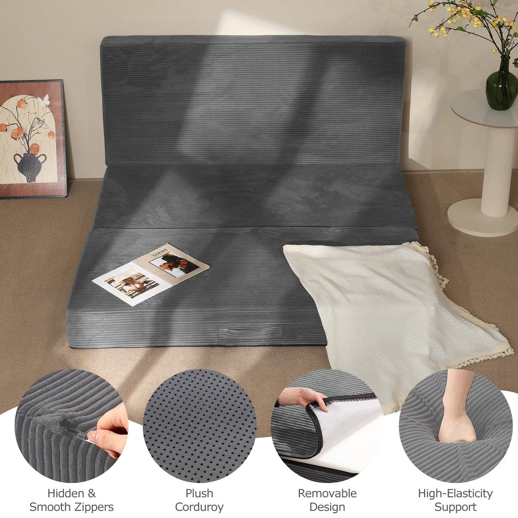 A-008,6" Queen Tri-Fold Futon Mattress, Foldable Sofa Bed, Washable Cover, Non-Slip Base & Carry Handles