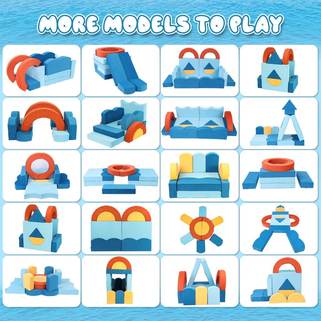 A-017,22Pcs Ocean‑Theme Modular Kids Play Couch, Convertible Fort Sofa Bed