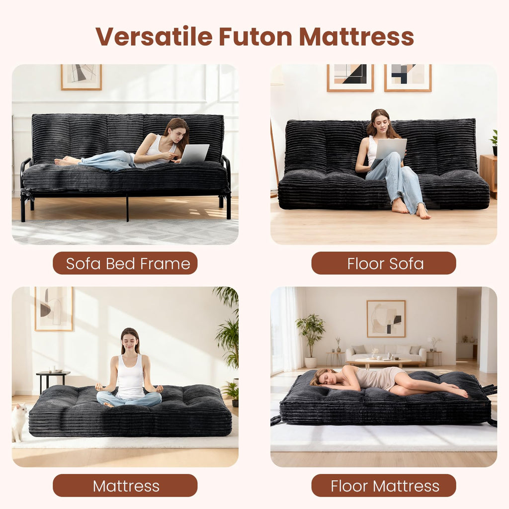 A-012,Full Size 10" Foldable Futon Mattress, Corduroy Shredded Foam Mattress with Straps, Frame Not Included