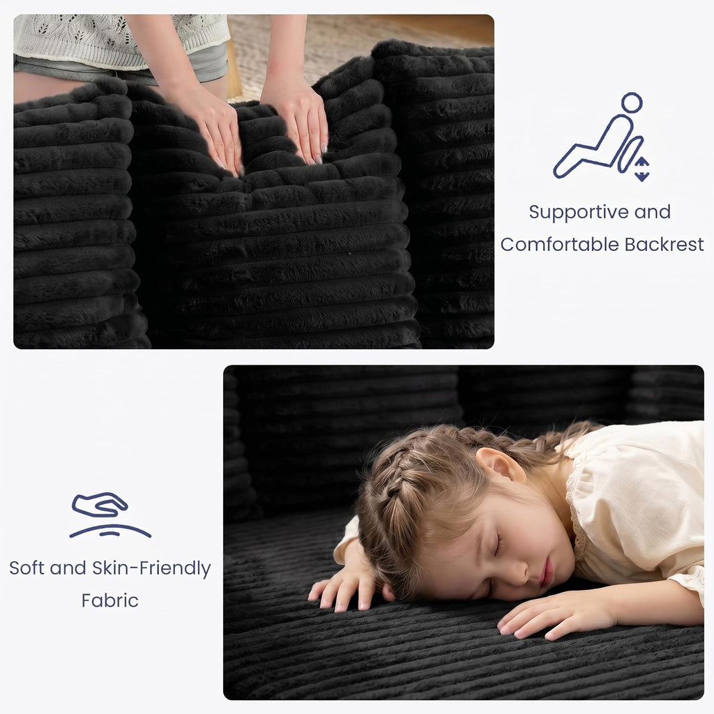 A05,3-in-1 Furry Boneless Sofa Bed, Convertible Loveseat Sleeper with Detachable Cushion & 4 Pillows, No Assembly