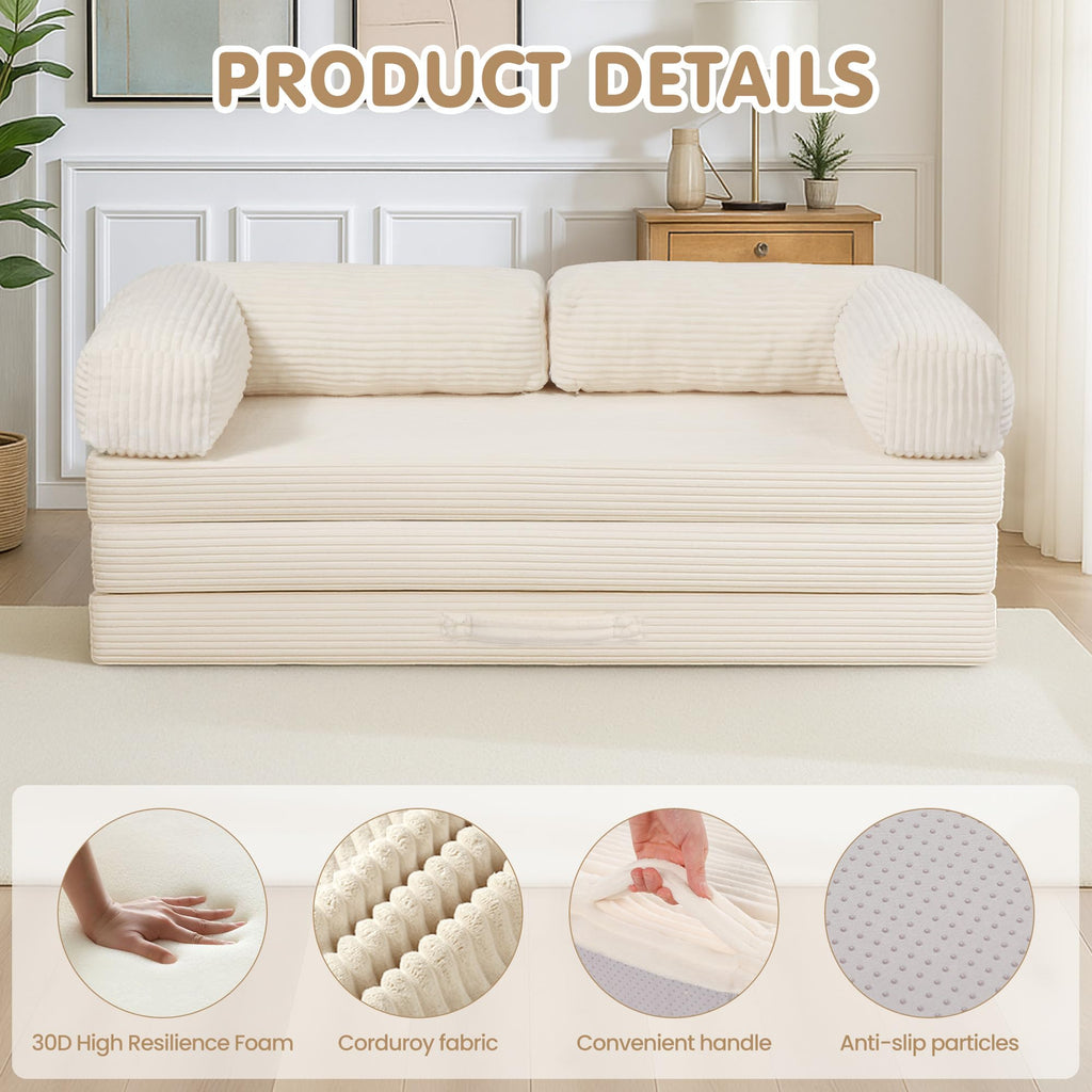 A-006,5-in-1 Convertible Folding Sofa Bed, Tri-Fold Corduroy Boneless Floor Futon with Removable L-Shaped Armrests
