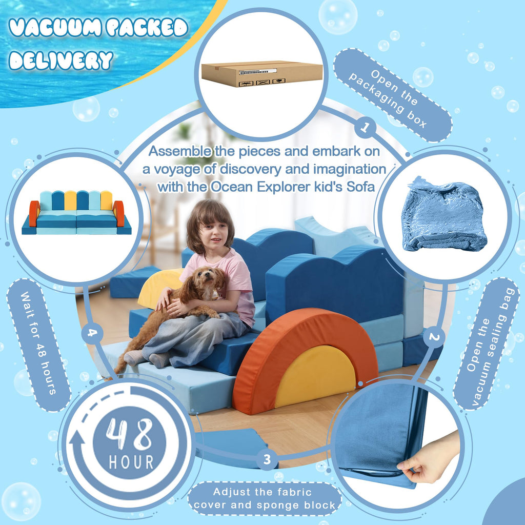 A-017,22Pcs Ocean‑Theme Modular Kids Play Couch, Convertible Fort Sofa Bed