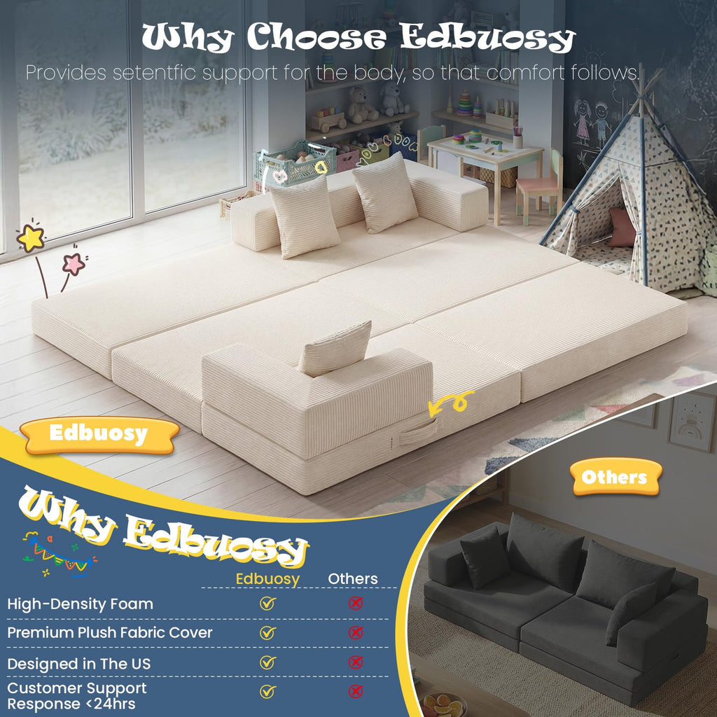 A16,Convertible Modular Kids Play Couch, Soft Corduroy Toddler Sofa Bed with 3 Pillows