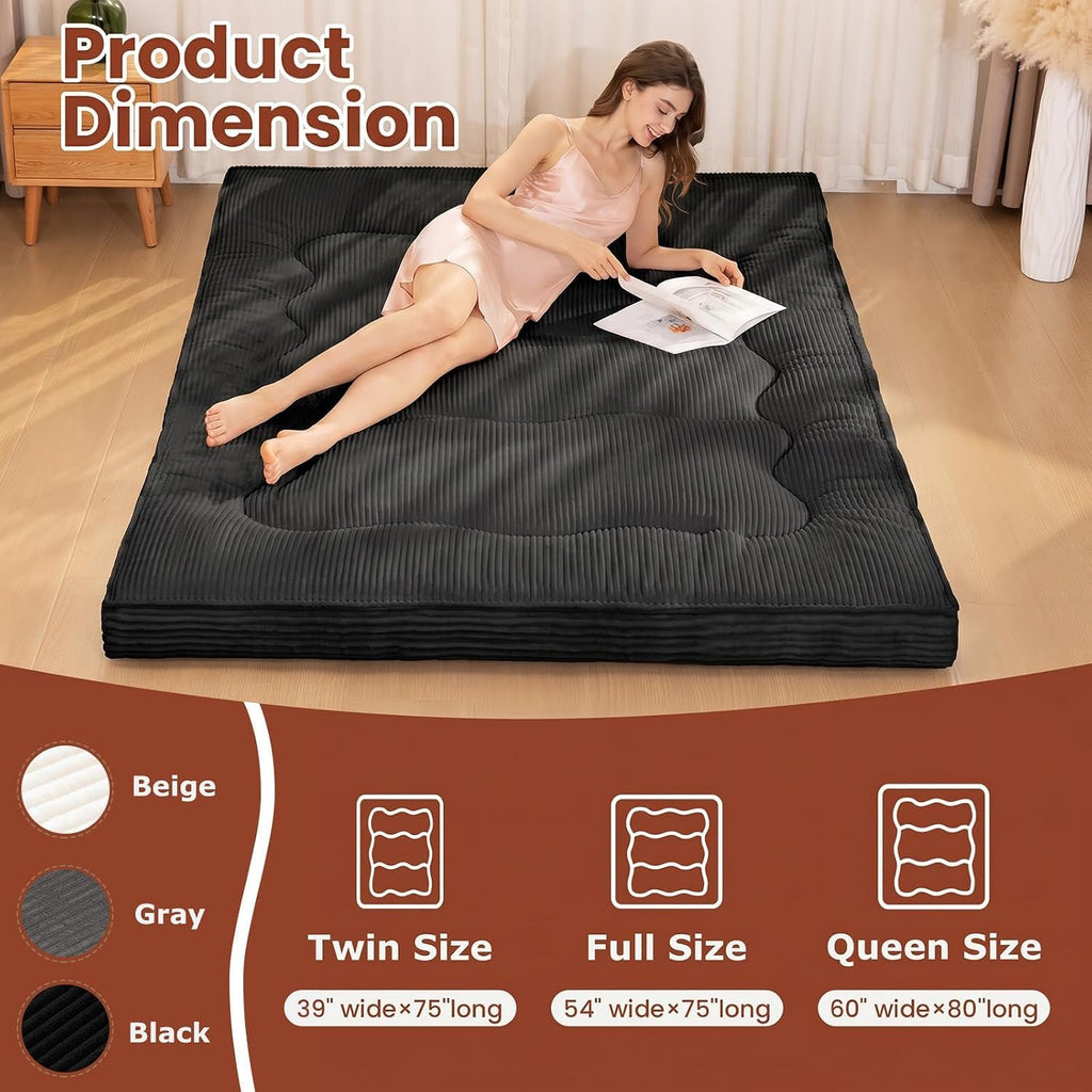 A-010,Full Size 4" Japanese Corduroy Futon Mattress, Foldable Roll-Up Floor Tatami Mat, Black