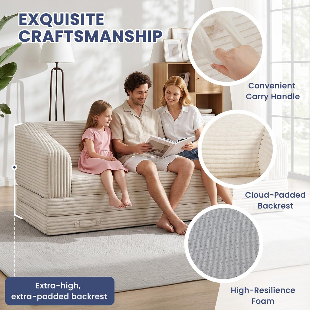H09,70" 3-in-1 Corduroy Foldable Sofa Bed, Thick Boneless Floor Couch with Handle