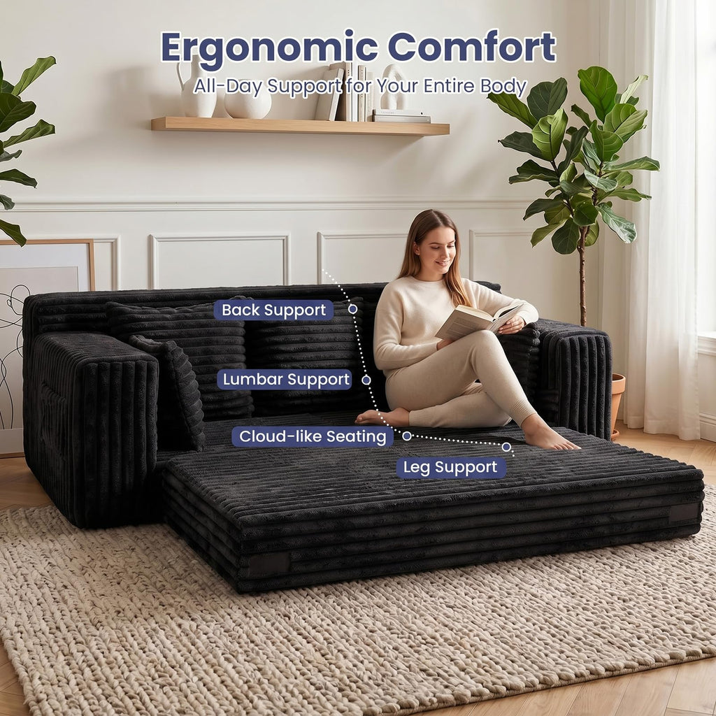 A05,3-in-1 Furry Boneless Sofa Bed, Convertible Loveseat Sleeper with Detachable Cushion & 4 Pillows, No Assembly