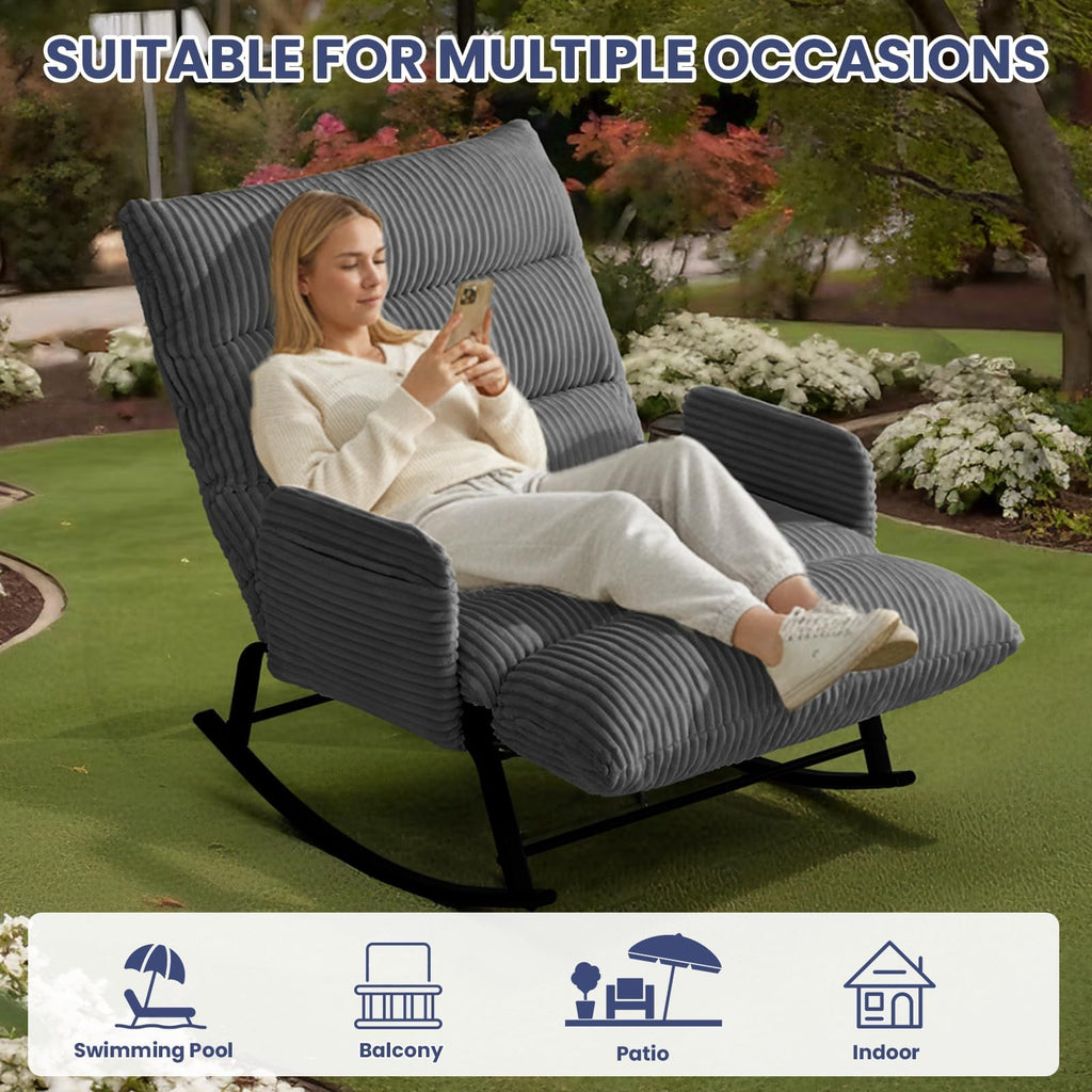 H02,Oversized Corduroy Rocking Chair, Adjustable Backrest & Footrest, Indoor Outdoor Lounge Chair