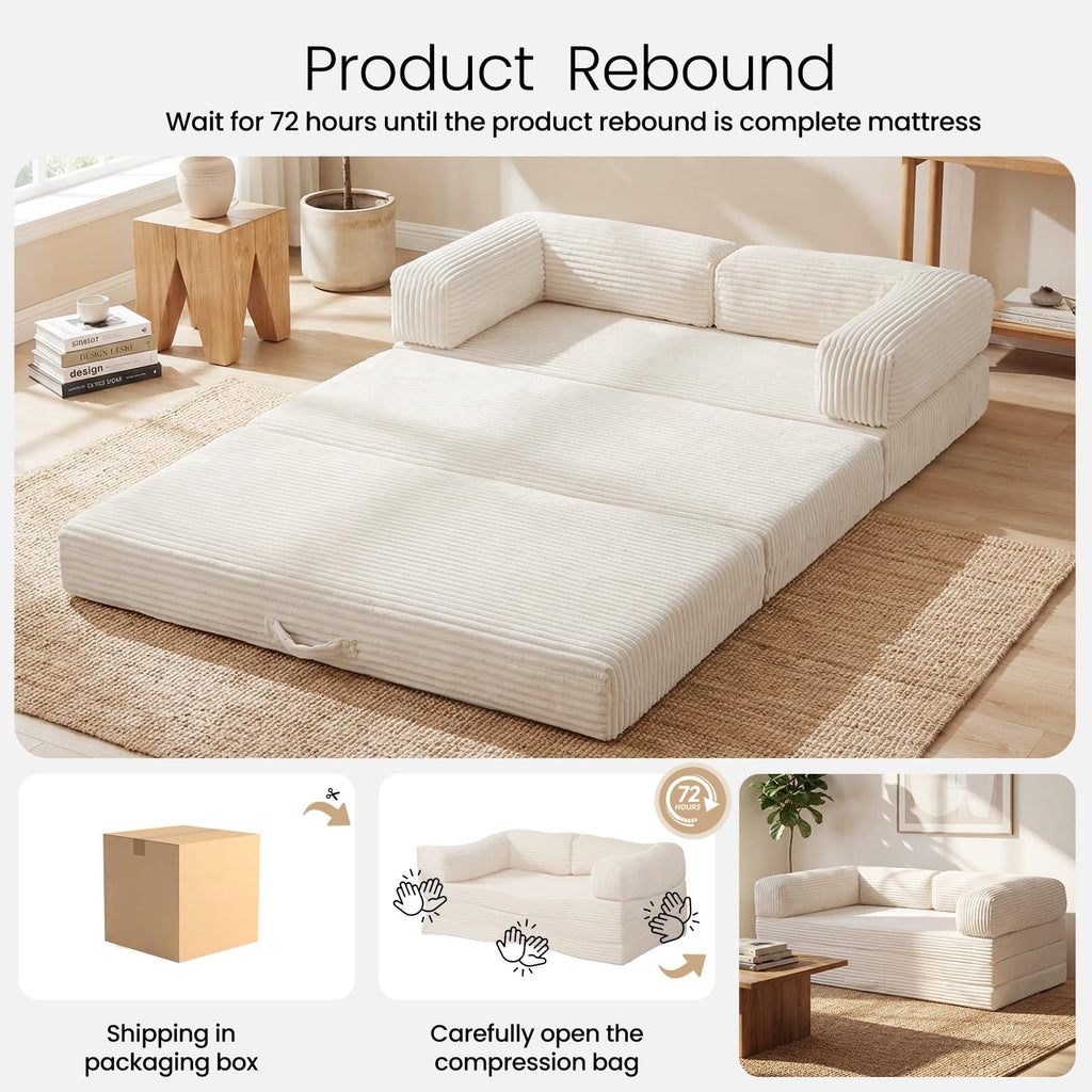A-004,Erament Queen Tri-Fold Futon Sofa Bed, Removable Armrests & Washable Cover, High Density Foam