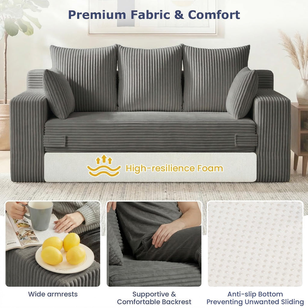 A-007,5-in-1 Convertible Corduroy Boneless Loveseat Sofa Bed with Ottoman, No Assembly