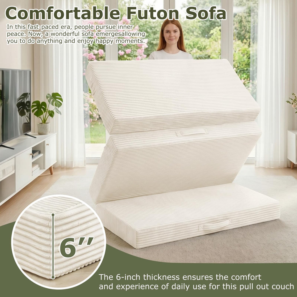 J02,5-in-1 Corduroy Convertible Sofa Bed, Full Size Boneless Loveseat with Washable Cover, Grey