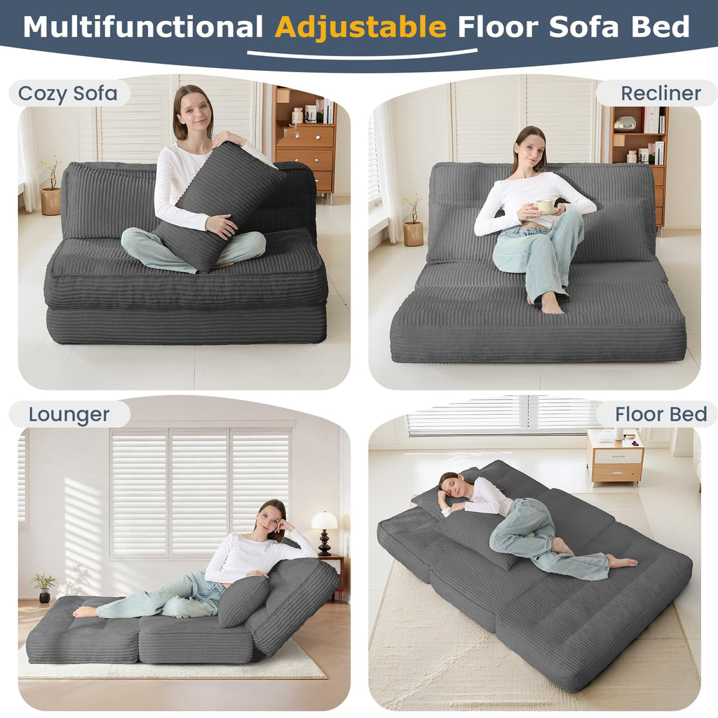 A-003,Convertible Folding Sofa Bed with Fixed Frame, 5-Position Adjustable Backrest, Thick Cushion & 2 Pillows