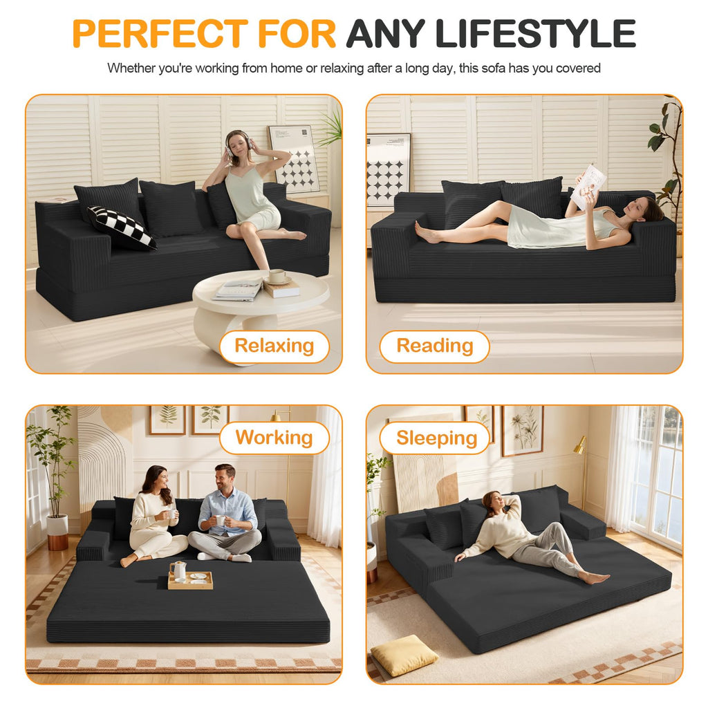 A05,Erament Convertible Corduroy Boneless Sofa Bed, Foldable Floor Futon Loveseat with 2 Pillows