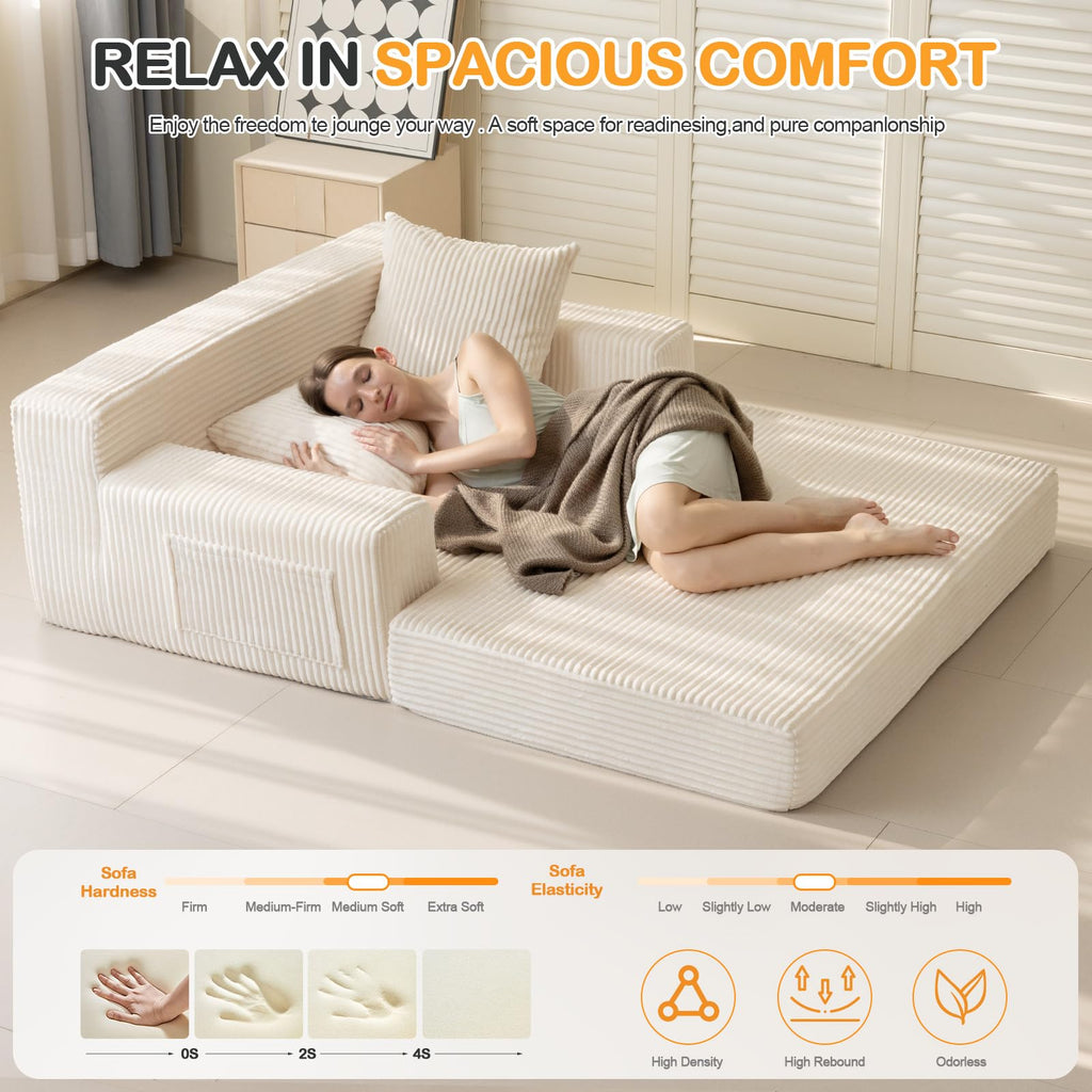 A05,Erament Convertible Corduroy Boneless Sofa Bed, Foldable Floor Futon Loveseat with 2 Pillows