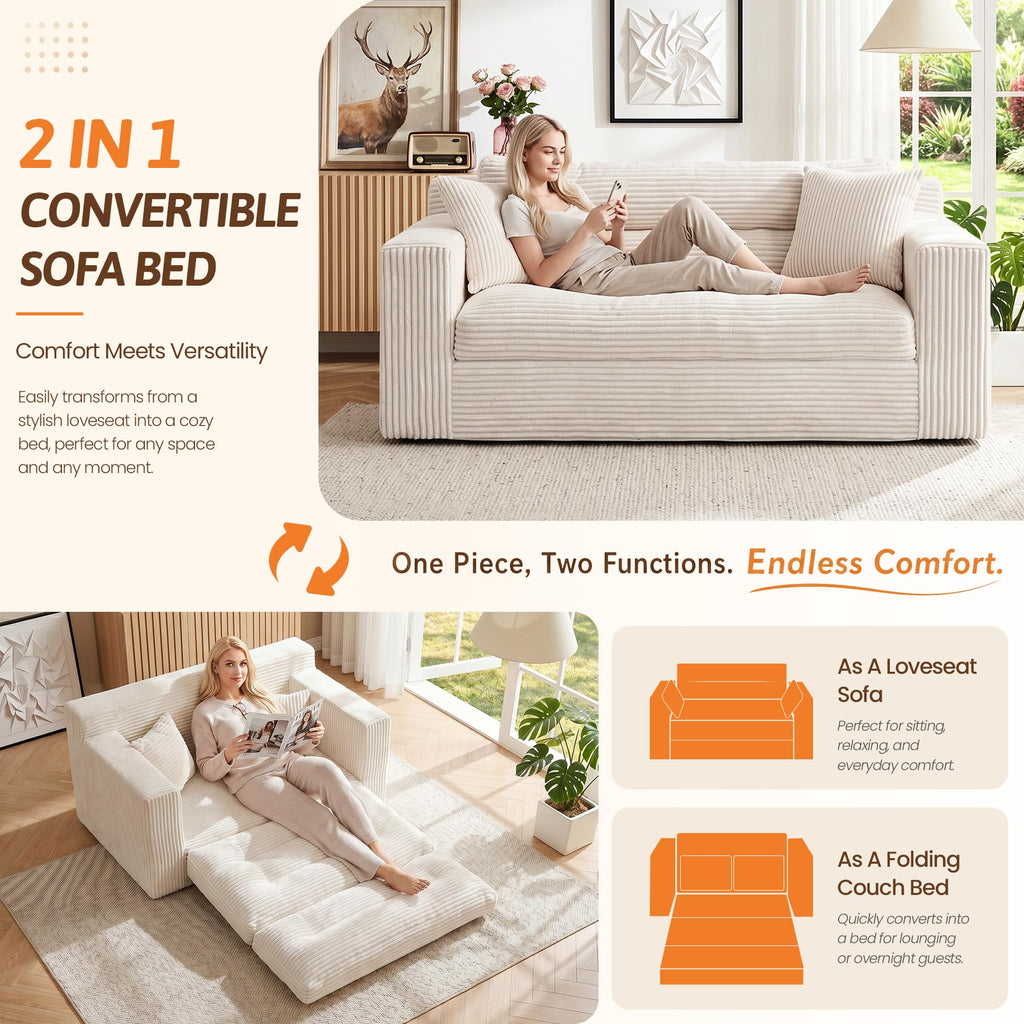 A08,2-in-1 Boneless Loveseat Sofa Bed, Fold Out Floor Couch with Pillows, Beige