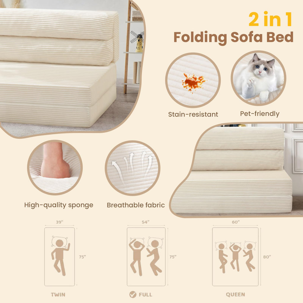 A-016,Convertible Folding Sofa Bed 2 in 1 Pull Out Sleeper Chair with Pillow, Portable Floor Couch
