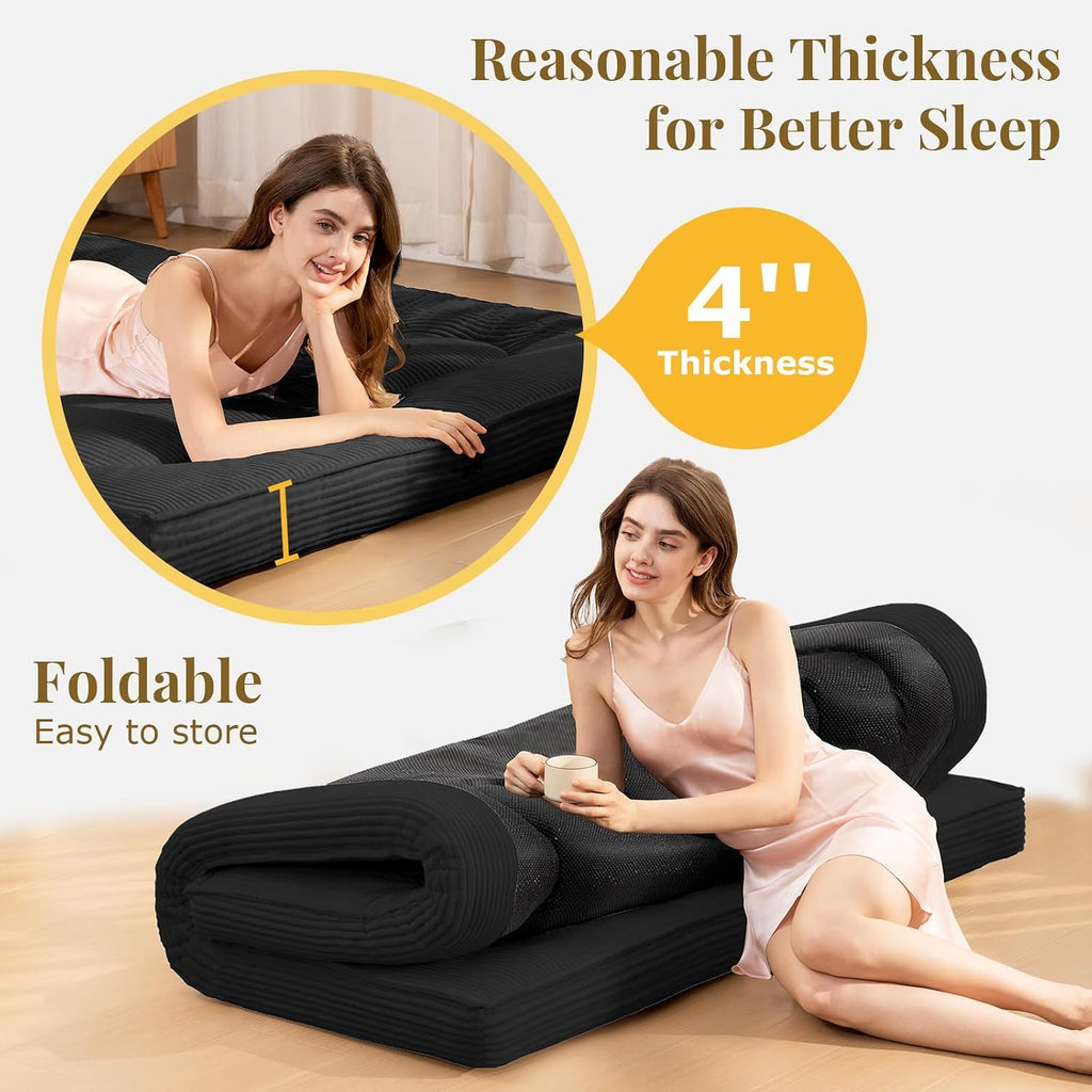 A-010,Full Size 4" Japanese Corduroy Futon Mattress, Foldable Roll-Up Floor Tatami Mat, Black