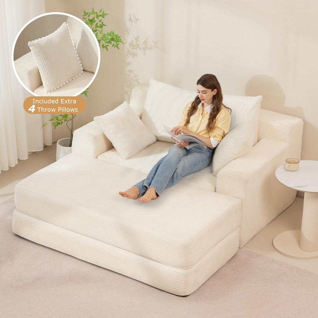 A-014,5 in 1 Corduroy Convertible Futon Sofa Bed with Ottoman, Foldable Chaise Lounge, No Assembly