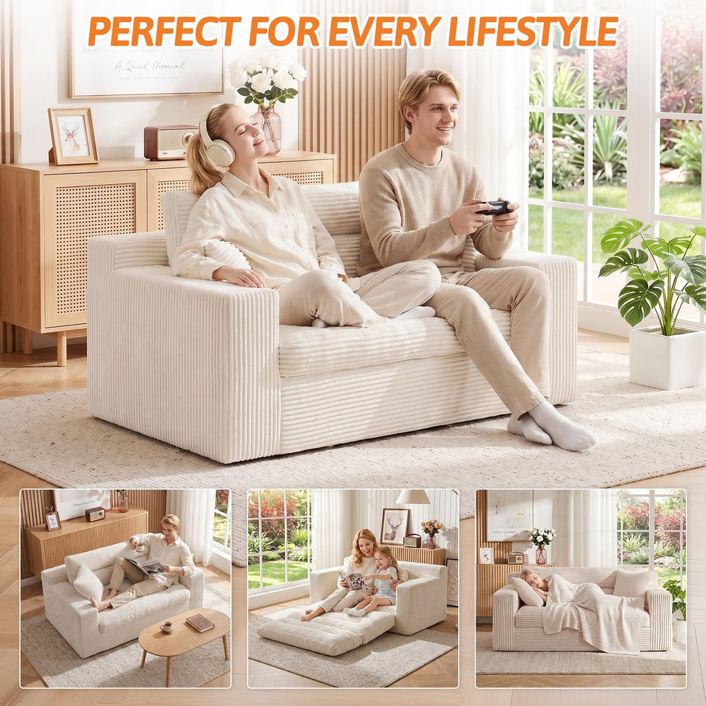 A08,2-in-1 Boneless Loveseat Sofa Bed, Fold Out Floor Couch with Pillows, Beige