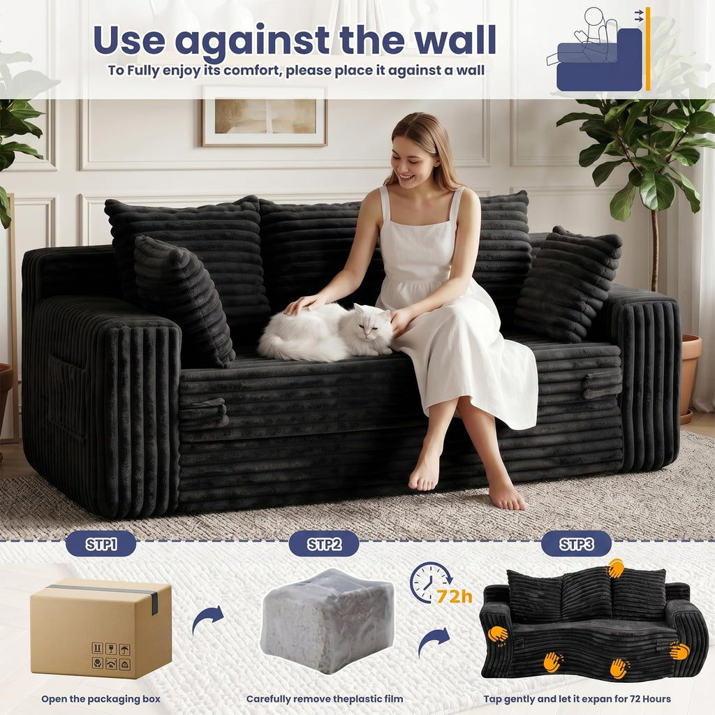A05,3-in-1 Furry Boneless Sofa Bed, Convertible Loveseat Sleeper with Detachable Cushion & 4 Pillows, No Assembly