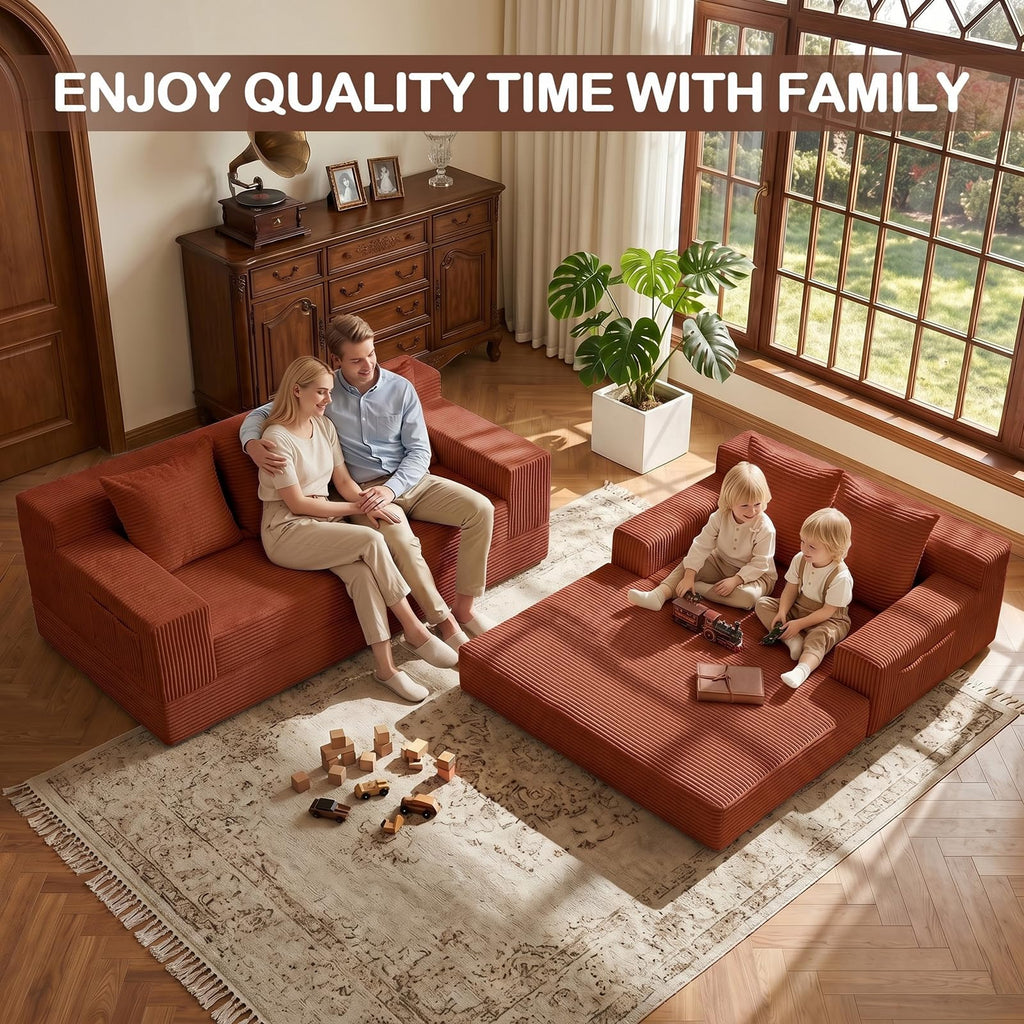 A011,2-in-1 Convertible Corduroy Boneless Sofa Bed, Compression Folding Floor Couch with 3 Pillows