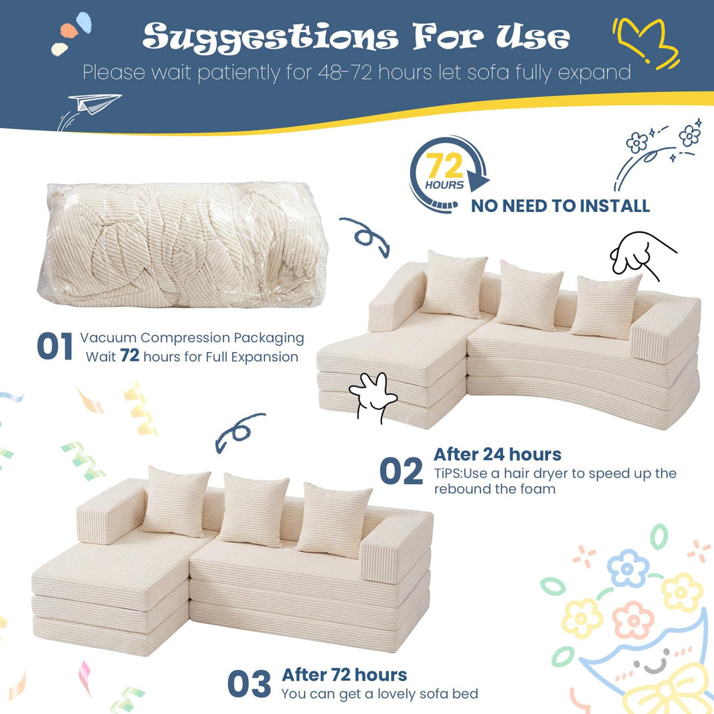 A16,Convertible Modular Kids Play Couch, Soft Corduroy Toddler Sofa Bed with 3 Pillows