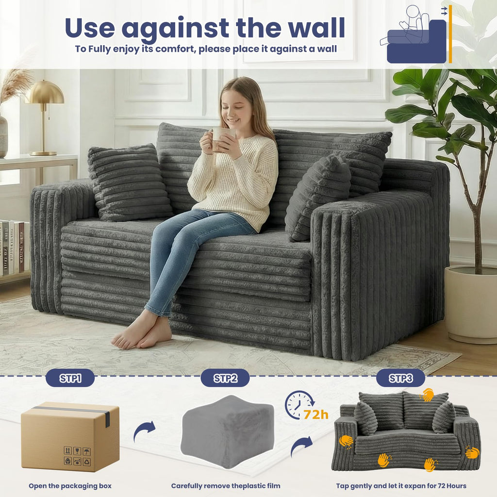 A05,3-in-1 Furry Boneless Sofa Bed, Convertible Loveseat Sleeper with Detachable Cushion & 4 Pillows, No Assembly