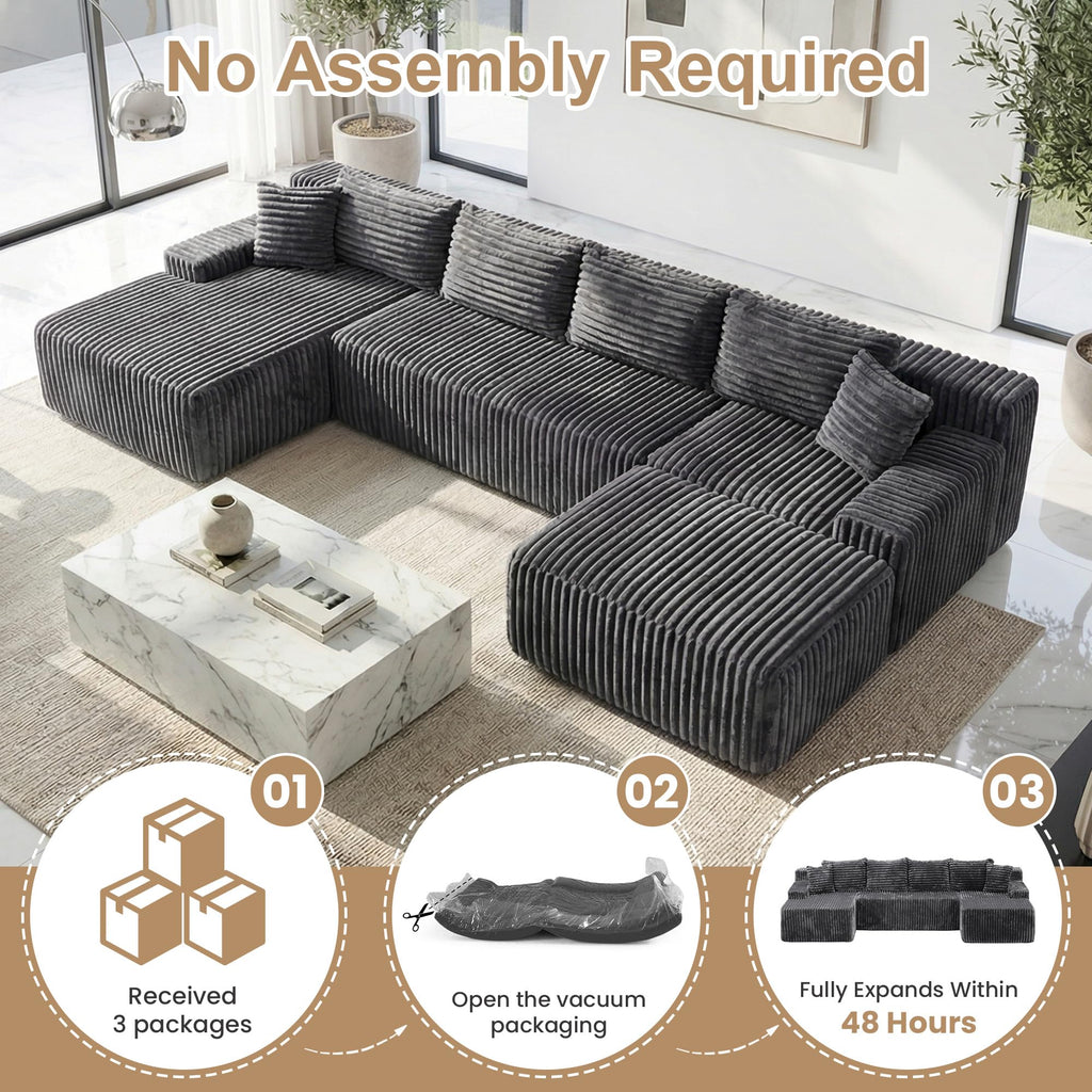 A-002,Oversized U-Shaped Corduroy Cloud Sectional Sofa, Deep Seat Boneless Modular Couch, No Assembly