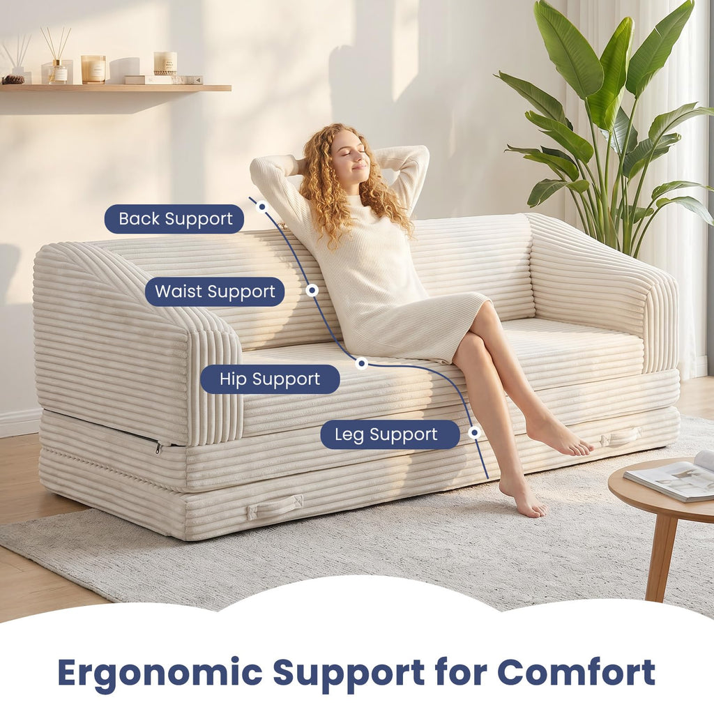 H09,70" 3-in-1 Corduroy Foldable Sofa Bed, Thick Boneless Floor Couch with Handle
