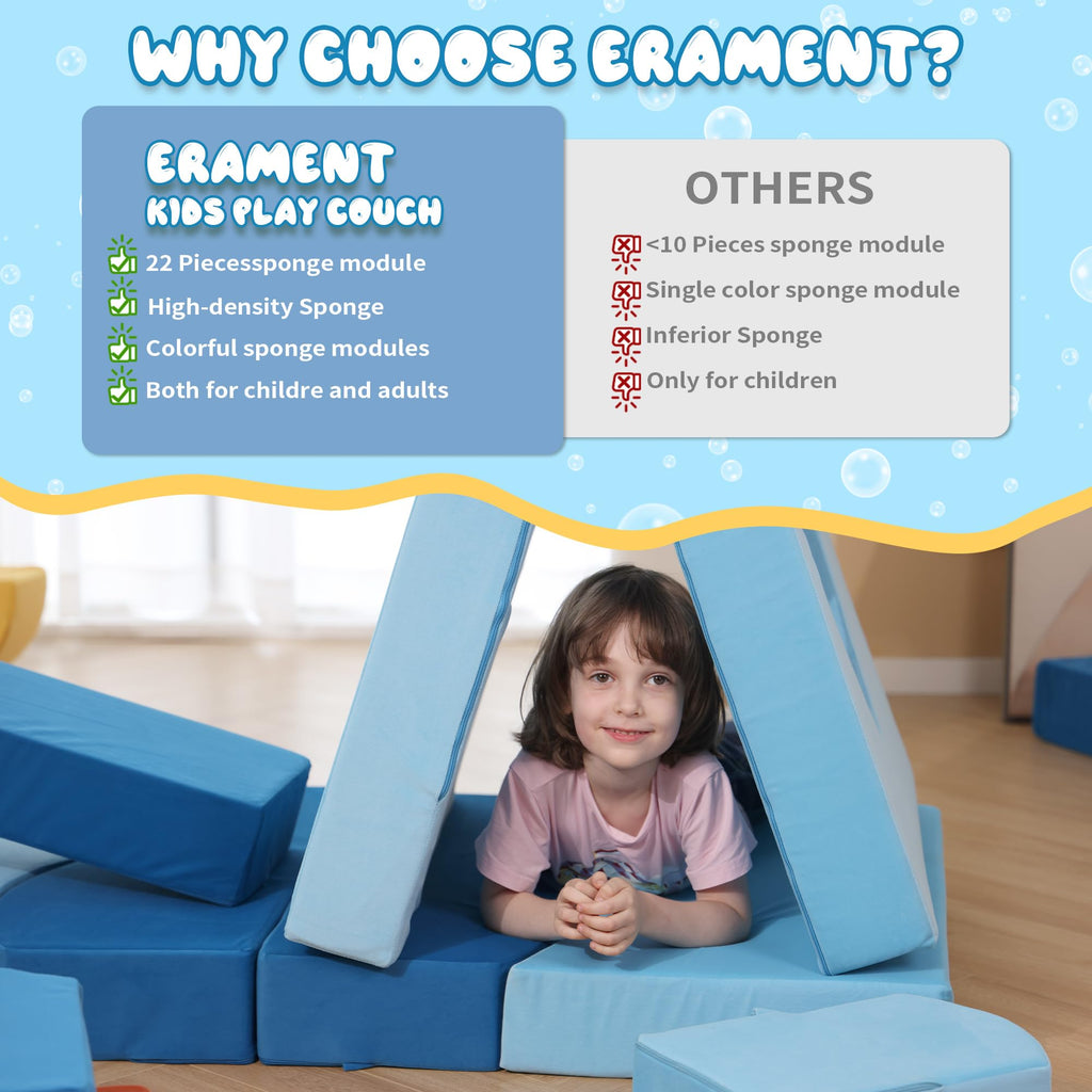 A-017,22Pcs Ocean‑Theme Modular Kids Play Couch, Convertible Fort Sofa Bed