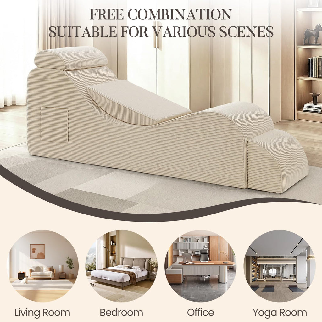 A-011,Adult Ergonomic Yoga Lounge Chair, Chaise with Ottoman, Headrest, Waist Pad & Side Pocket