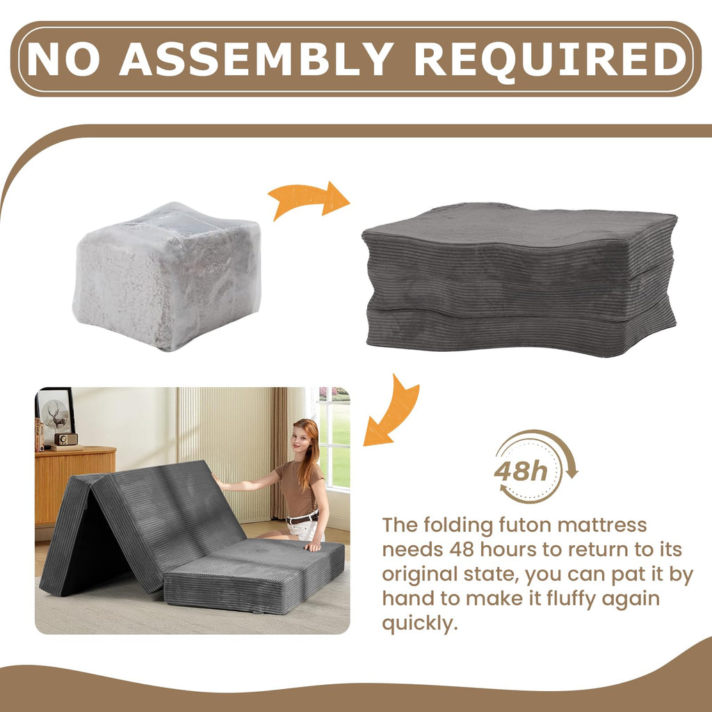 A-008,6" Queen Tri-Fold Futon Mattress, Foldable Sofa Bed, Washable Cover, Non-Slip Base & Carry Handles