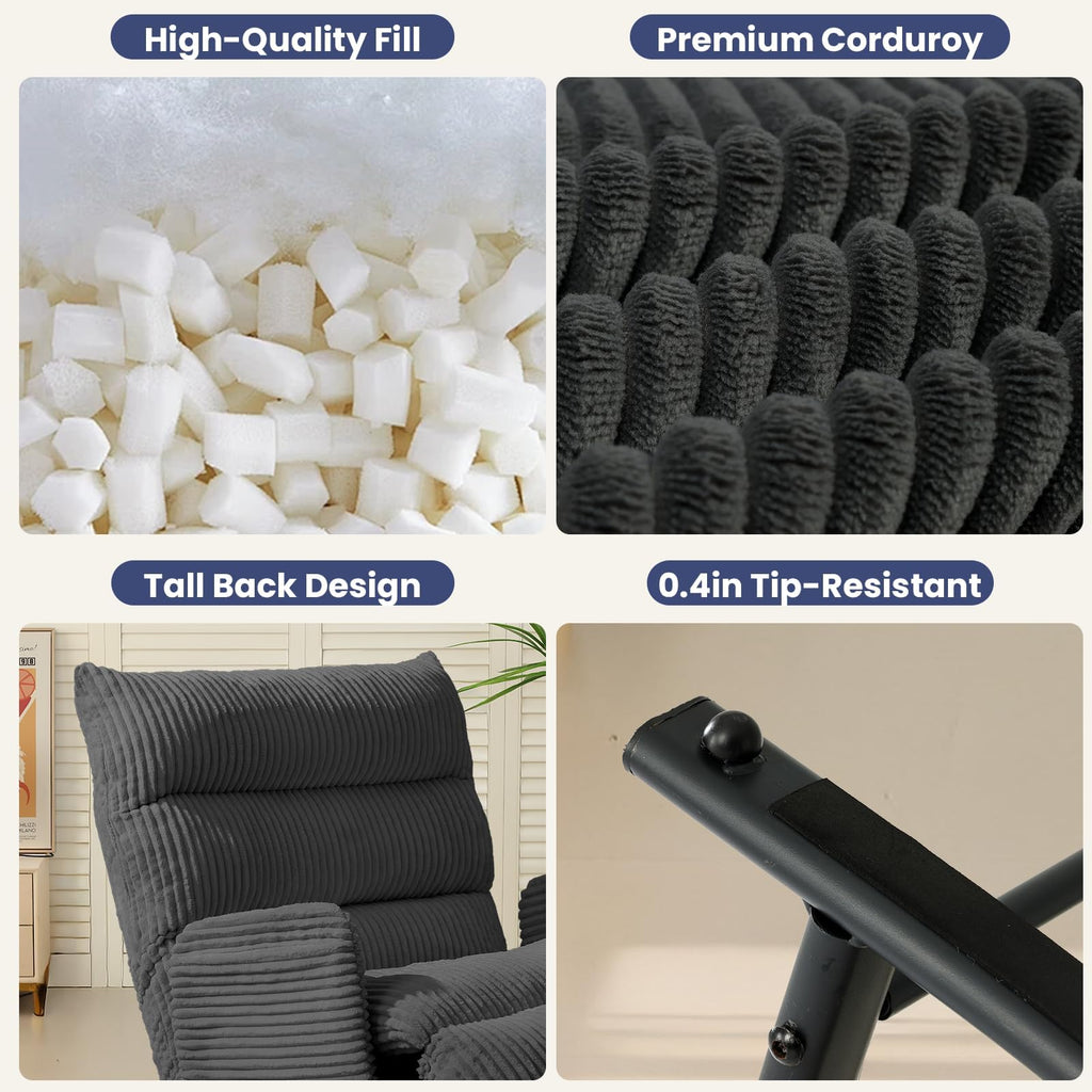 H02,Oversized Corduroy Rocking Chair, Adjustable Backrest & Footrest, Indoor Outdoor Lounge Chair