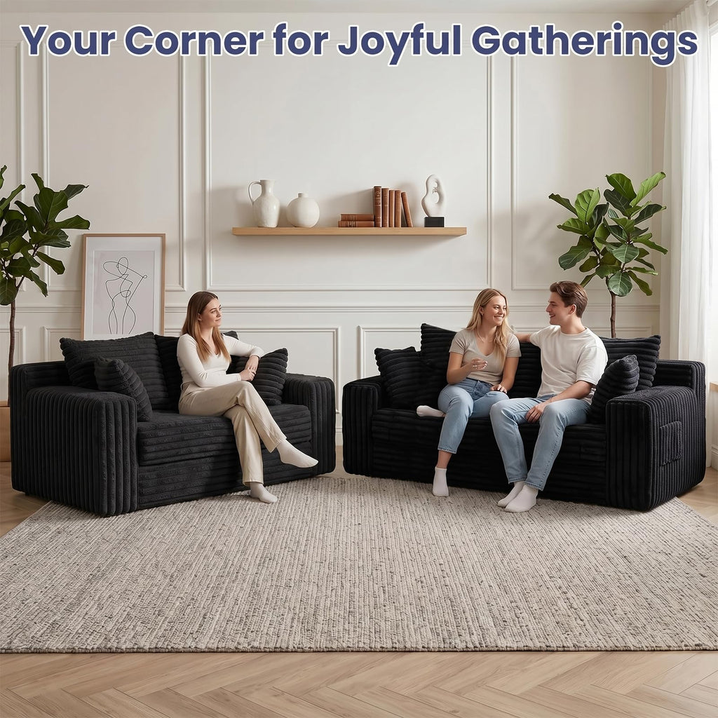 A05,3-in-1 Furry Boneless Sofa Bed, Convertible Loveseat Sleeper with Detachable Cushion & 4 Pillows, No Assembly