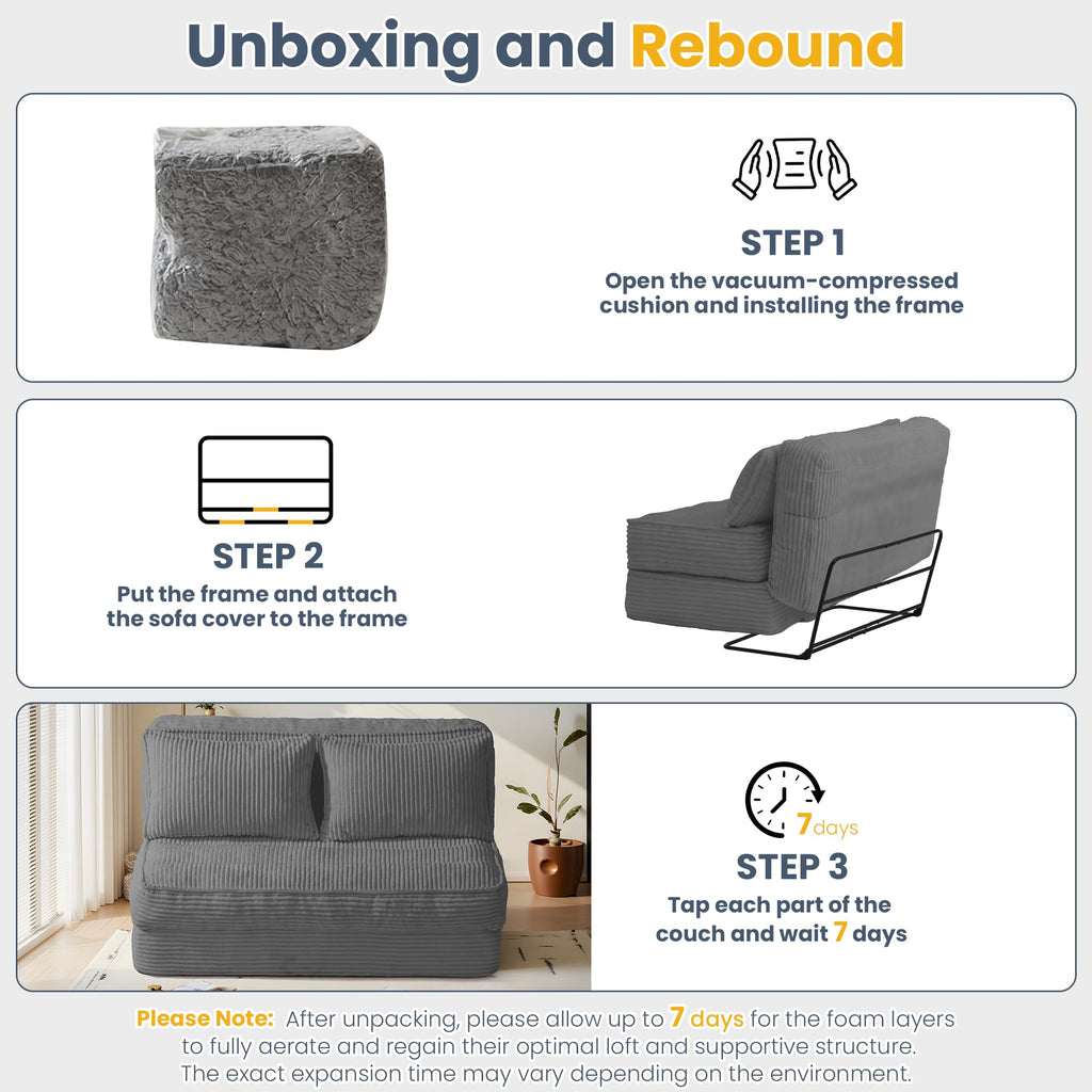 A-003,Convertible Folding Sofa Bed with Fixed Frame, 5-Position Adjustable Backrest, Thick Cushion & 2 Pillows