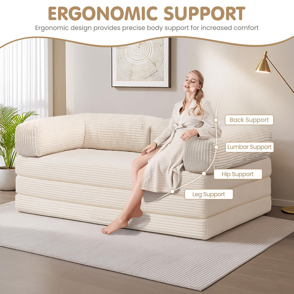 A-006,5-in-1 Convertible Folding Sofa Bed, Tri-Fold Corduroy Boneless Floor Futon with Removable L-Shaped Armrests