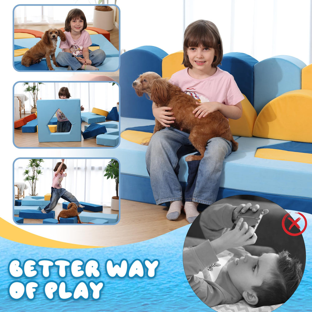 A-017,22Pcs Ocean‑Theme Modular Kids Play Couch, Convertible Fort Sofa Bed
